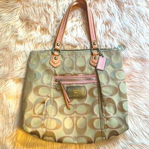 Coach Poppy Signature Lurex Glam Pink Khaki Tan Large Shoulder Bag K1082-16289